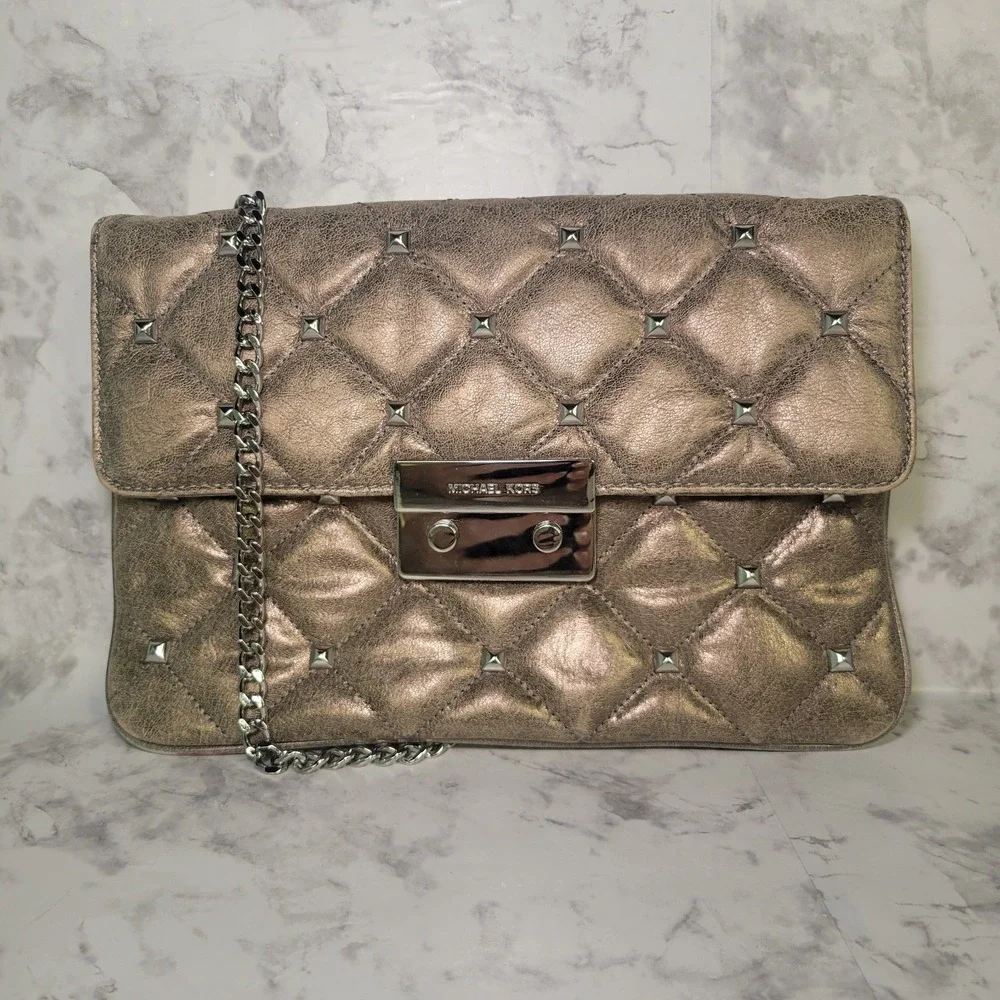 Michael Kors Sloan Metallic Bronze‎ Quilted Leather Studded Chain Crossbody Bag
